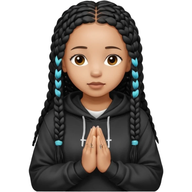 African American girl light skin with long black box braids and plain black hoodie with prayer hands emoji
