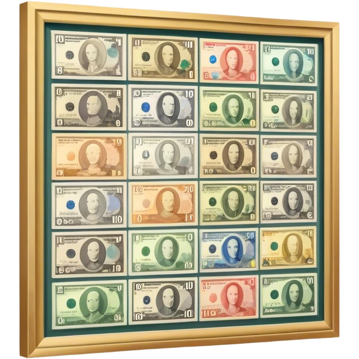 Icon for Banknote Collecting: old and new banknotes from different countries such as Euro, Dollar, Yen, Krona, Yuan, and others, displayed in frames on a wall. The icon should evoke the diversity and richness of currency collection. Transparent background. emoji