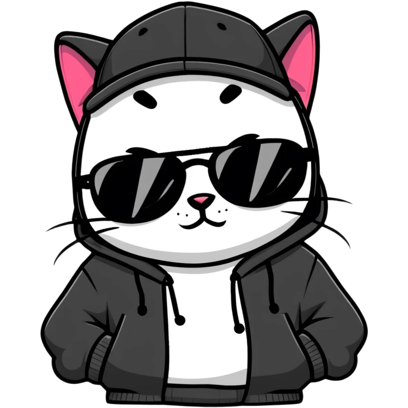 cat wearing a black snapback cap and black hoodie, with black sunglasses positioned low on his nose, winking one eye while looking directly at the viewer over the top of his sunglasses with a mischievous expression, doing graffiti with spray paint emoji