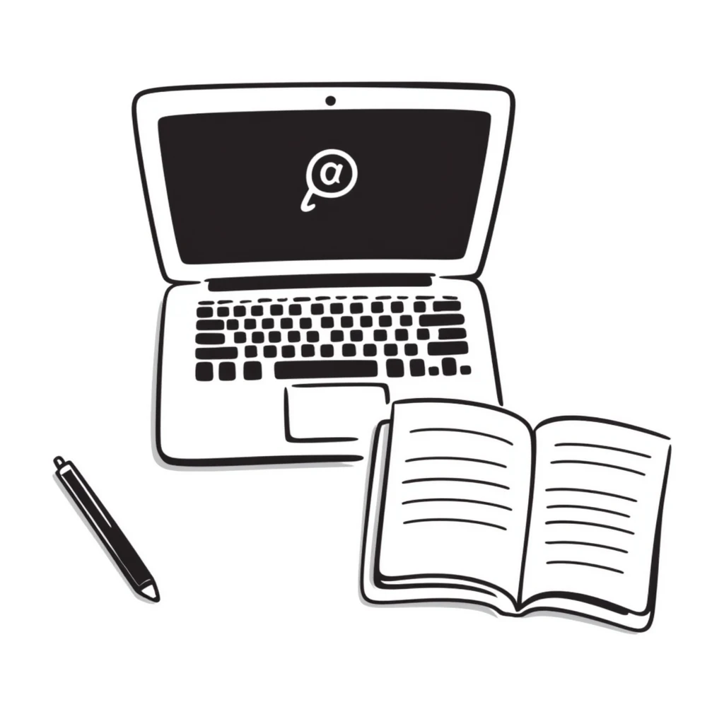 top view of a MacBook and a notebook with a pen nearby, notebook with visible notes emoji