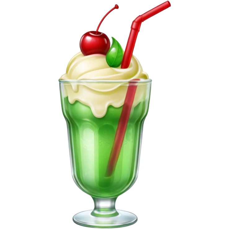 Create an emoji with a clear rounded glass, bright transparent green soda with fine bubbles, a smooth vanilla scoop, a glossy red cherry, and a red straw, using vibrant colors, soft shading, and clear glass highlights.
 emoji