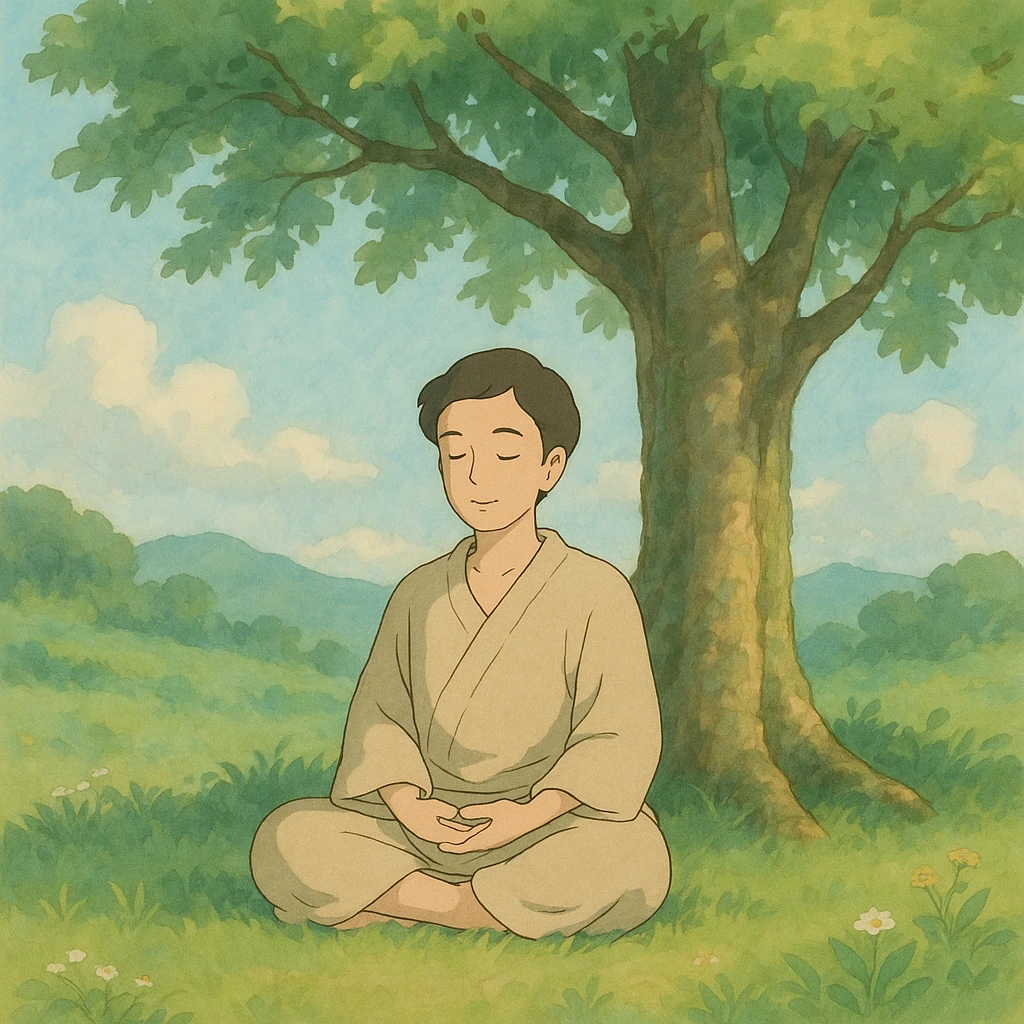 inner peace as a serene person meditating under a tree, soft colors, ghibli style emoji