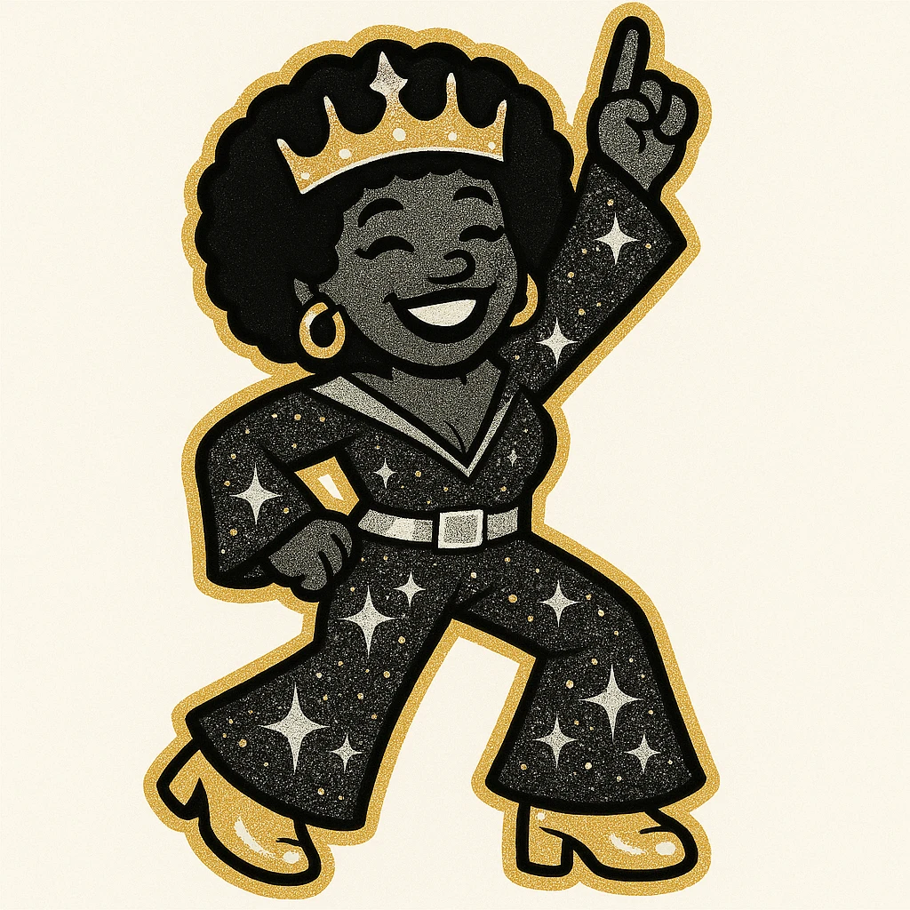 Create a 1970s disco emoji of a female African American with a full body, dancing, wearing a sparkling 70s style crown and matching disco outfit, with a joyful expression and afro hairstyle. Use only gold, silver, black, and white colors in a bold pop colors style. emoji