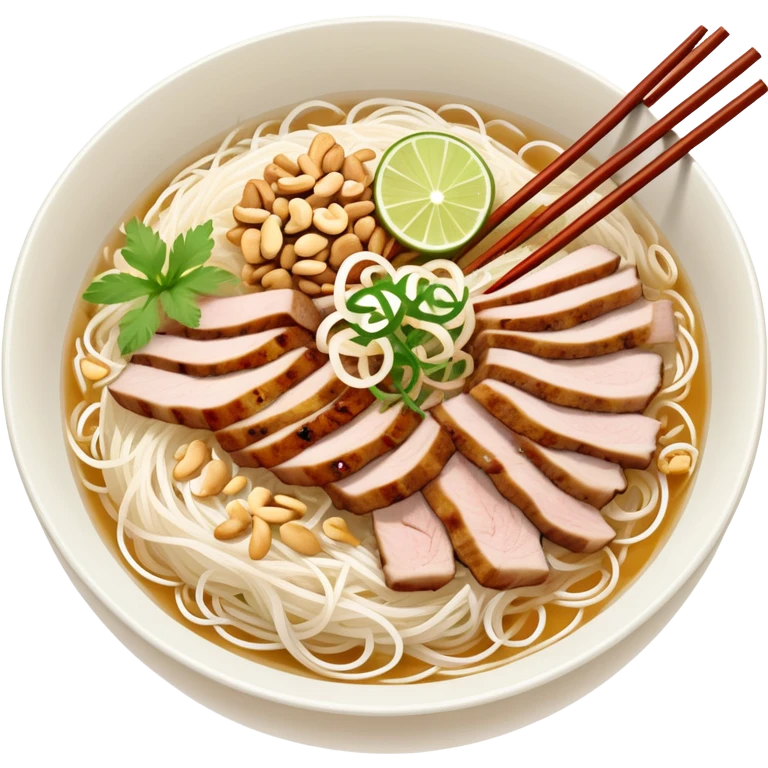 A bowl of Vietnamese Bún Thịt Nướng - rice vermicelli noodles with grilled pork, herbs, bean sprouts, and fish sauce emoji