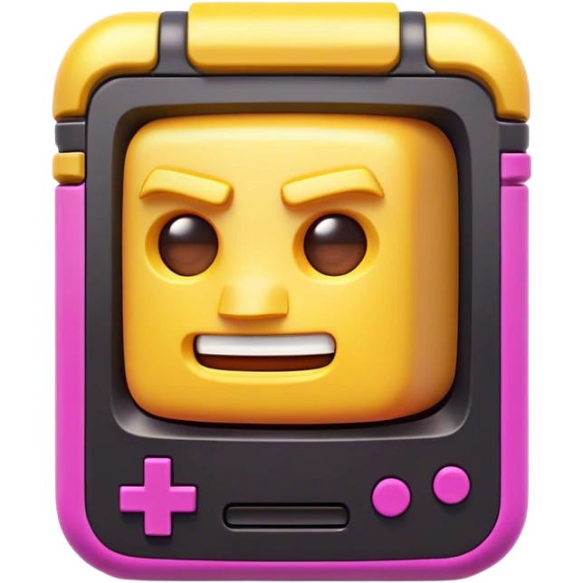Clash of Clans aesthetic: Cinematic Playful Game Boy Portrait Emoji, rendered in a 3D vector-style similar to standard emojis with minimal shading and bold, simplified shapes. A compact, distinct form with signature details, softly glowing with a nostalgic gaming charm. Simplified yet unmistakably iconic, highly detailed and consistent, glowing with a soft radiance and high shine. Stylized with a touch of retro gaming magic and a soft glowing outline, capturing the essence of a beloved gaming relic with a friendly, playful manner! emoji