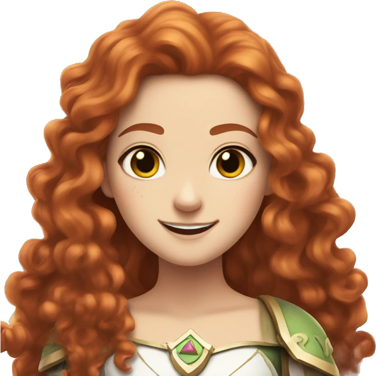 a white girl with long red curly hair and freckles, cosplaying Princess Zelda posing and smiling emoji