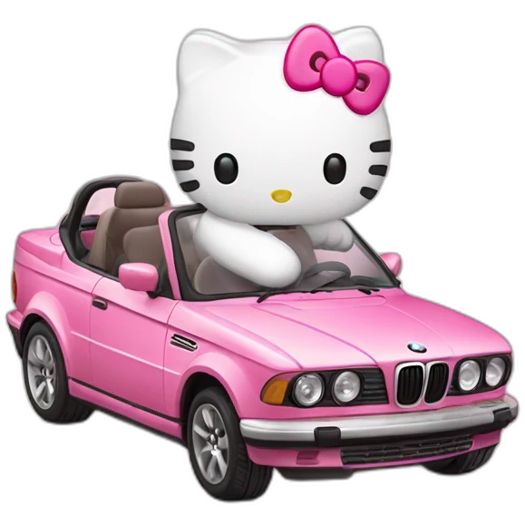 Hello Kitty driving a pink BMW while drinking milk emoji