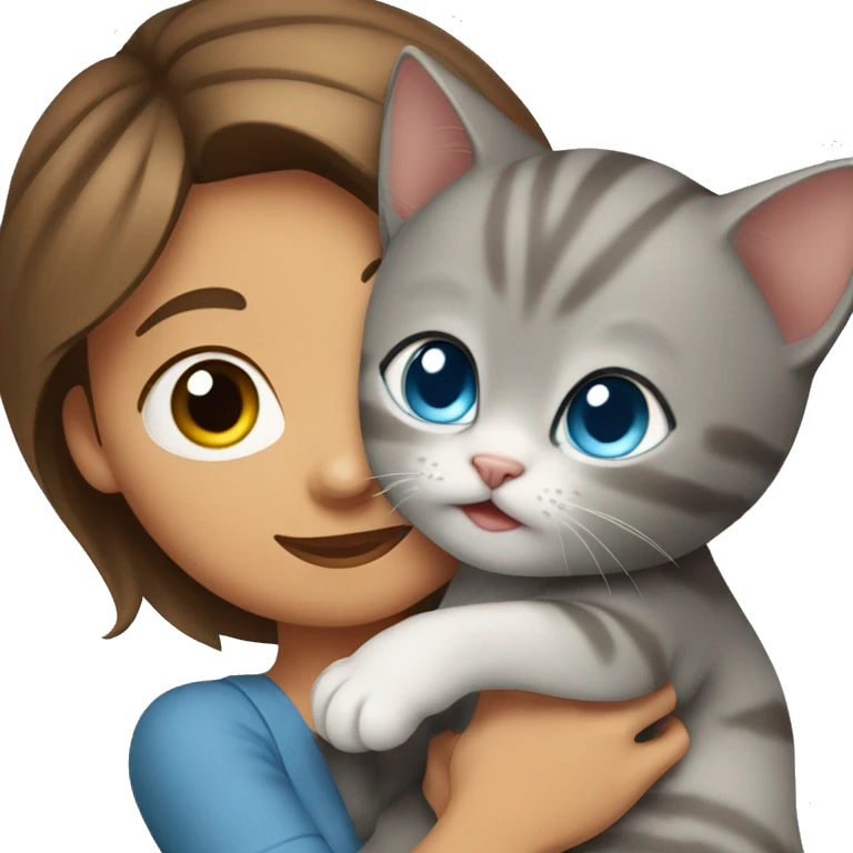 blue eyes grey kitten hugging brown short hair woman emoji