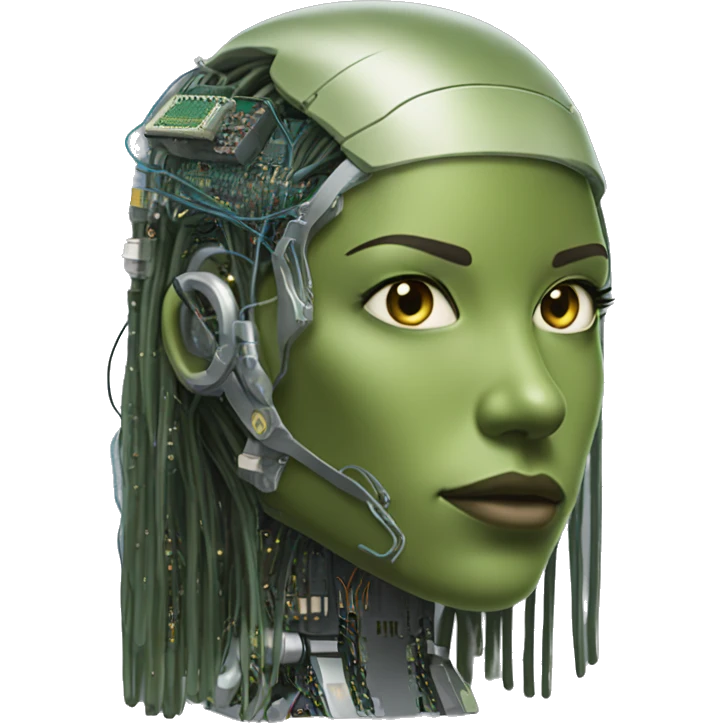 Olive green long hair female cyborg head with circuits emoji