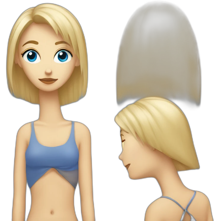 mujer rubia con pelo liso y un pooco de flequillo y con una largura por encima del hombroy ojos azules emoji