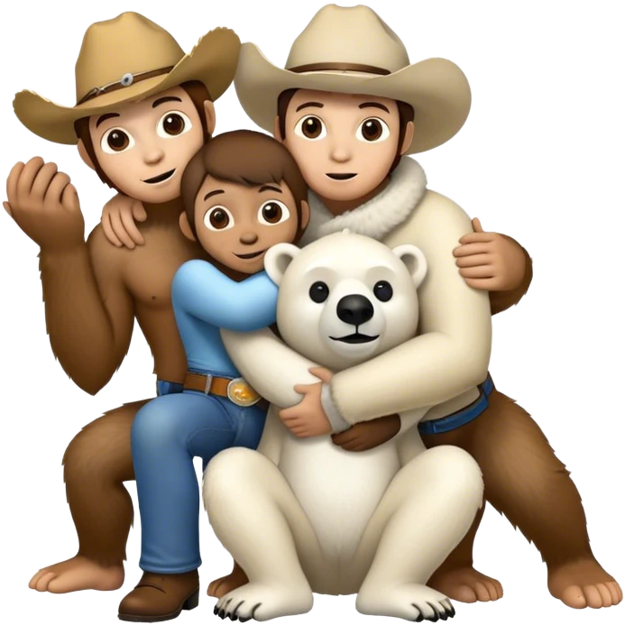 A big monkey, a cowboy, and a polar bear hugging  emoji