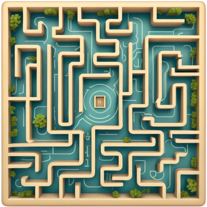 An icon showing an overhead view of a maze with doors on each side, leading to the finish line. The maze should be intricate, symbolizing the challenge of indoor and city-based escape rooms. The design conveys the thrill of navigating through twists and turns. transparent background emoji