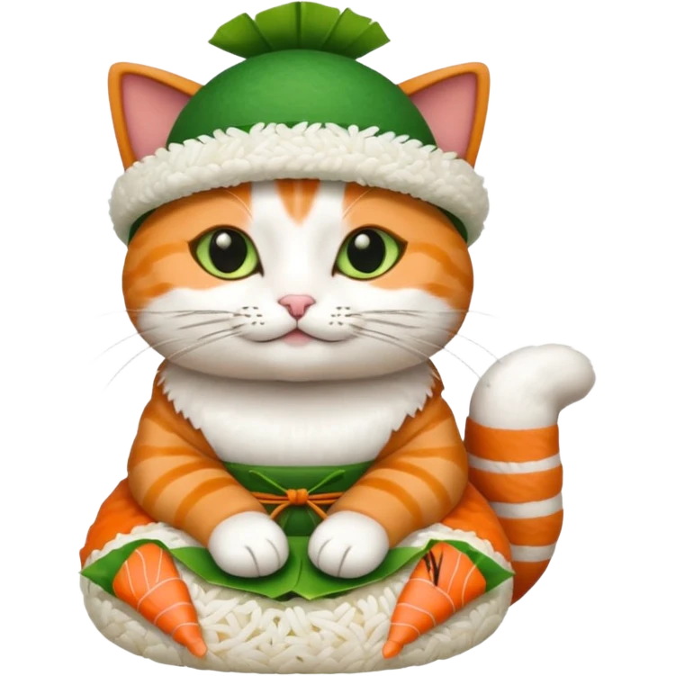 cat with its paws crossed wearing a hat made out of sushi emoji