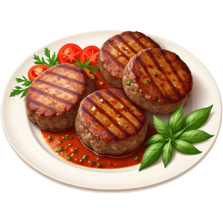 Cinematic Realistic image of Turkish Köfte, presented as perfectly formed, spiced meat patties with detailed textures and subtle grill marks, arranged artfully on a simple plate and illuminated by warm, appetizing lighting that accentuates their savory appeal. emoji