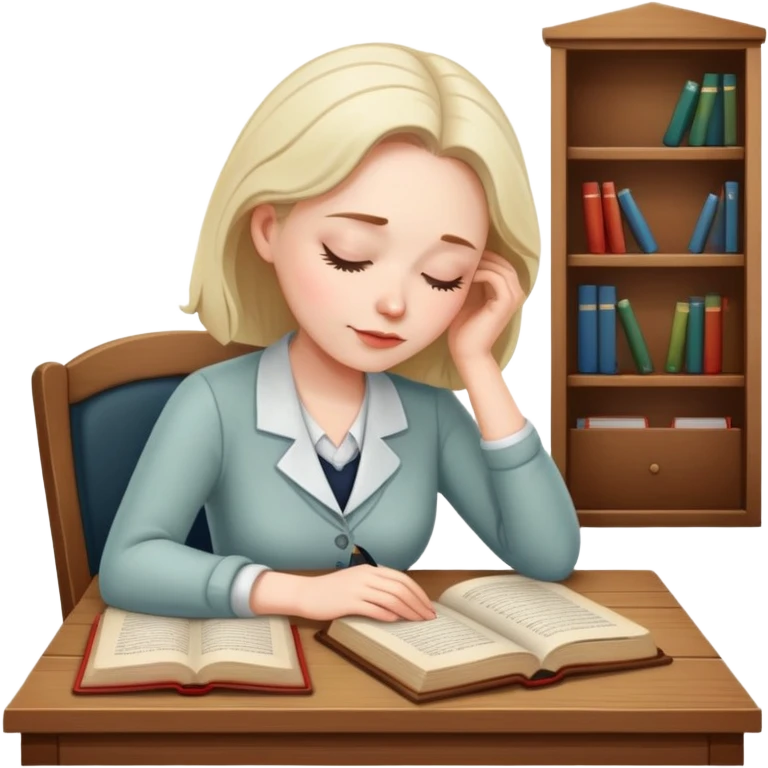 Woman teacher dozing off at desk with open book emoji
