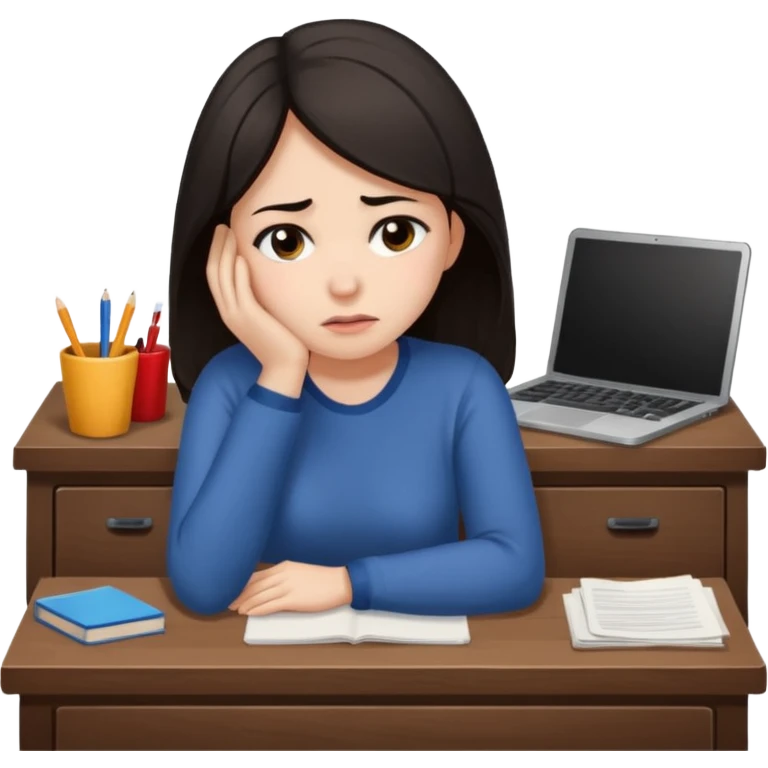  iOS emoji style - An sad and overwhelmed woman sitting at a desk. She has dark hair. emoji