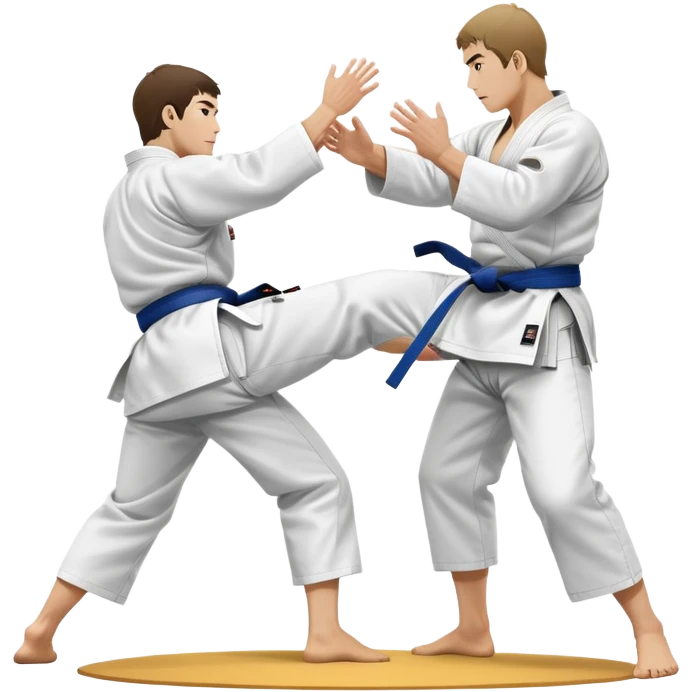Two judo practitioners in traditional gi, one executing a powerful throw while the other is countering with a defensive move. The background features a judo mat and a focused dojo atmosphere. Transparent background highlights the precision and technique of judo. emoji