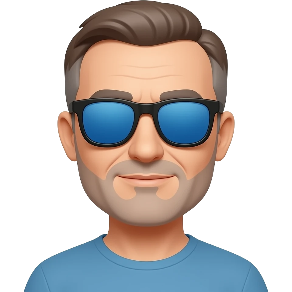 Hombre 63 años cara muy delgada pelo muy corto marrón canoso gafas de sol cristales azules azules que no se vean  los ojos con montura negra y barba canosa muy muy corta emoji