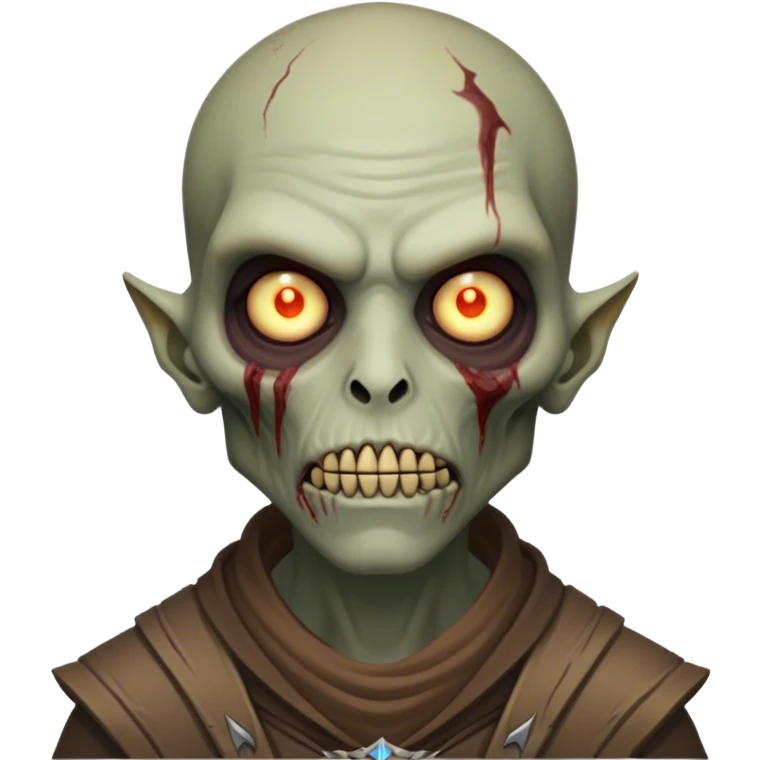 Cinematic Realistic WoW undead civilian Portrait, head tilted epicly and inquisitively, showcasing grim resilience and defiant strength. His withered, pallid skin and intense, glowing eyes contrast starkly with his worn, earth-toned clothes, rendered in meticulous detail. With dynamic, high-contrast lighting and high shine, this portrait exudes an epic aura, capturing the relentless will of a battle-hardened undead civilian. emoji