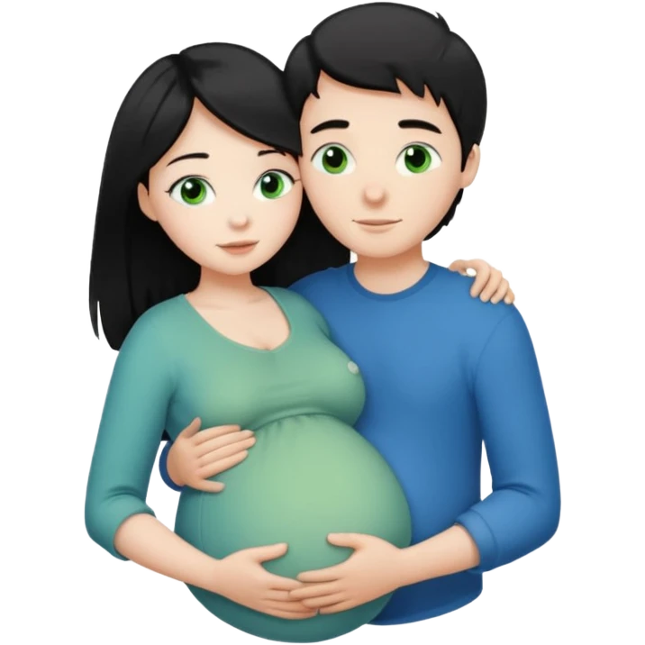 Make a couple hugging the girl is white with long black hair with blue eyes. The girl is hugging a boy with light brown short hair with green eyes. The boz is pregnant  emoji
