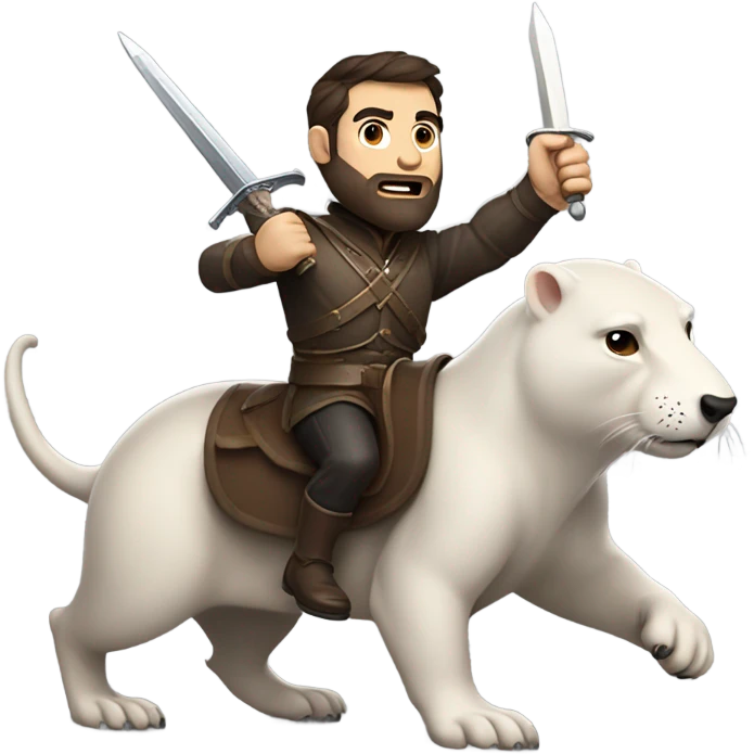 Confident armored White Man with dark brown hair and a short beard pointing forward with one arm holding a sword and yelling a battle charge while riding on the back of a giant groundhog emoji