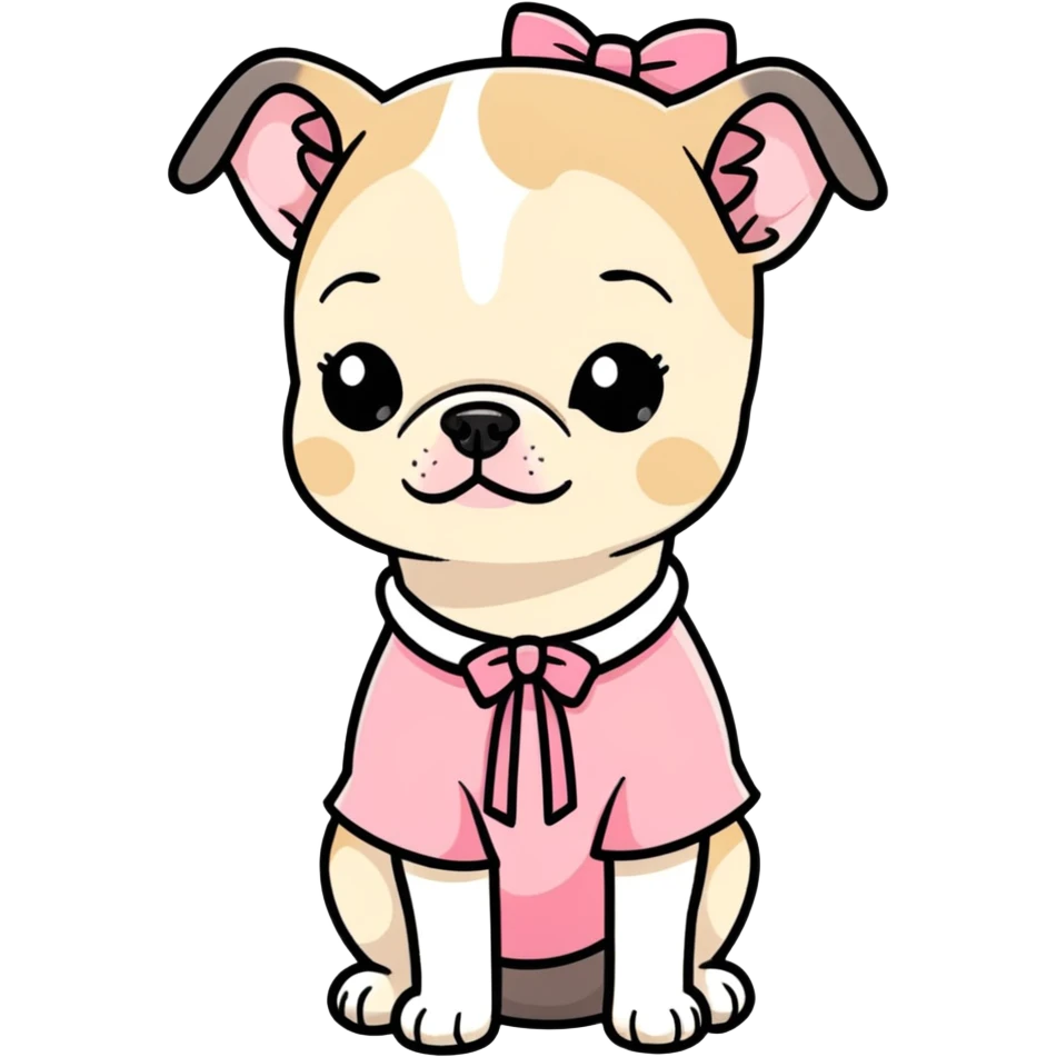 Menina com cabelo loiro escuro com blusinha fofa rosa segurando um buldogue francês bege e preto com um laço nele  emoji