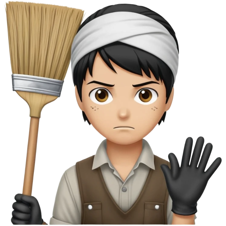 Levi Ackerman cleaning with bandana over hair, gloves, holding broom, annoyed expression emoji