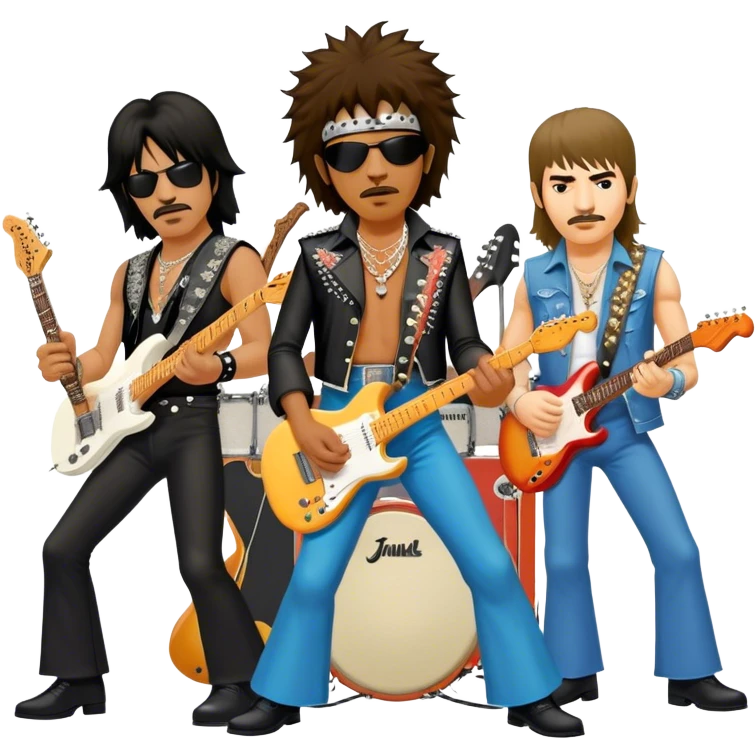 Icon for Rock Music: collage of iconic rock musicians—Klaus Meine, Jimi Hendrix, Kurt Cobain, Freddie Mercury, and Ozzy Osbourne—playing electric guitars and singing on stage. Capturing the powerful energy and rebellious spirit of rock. Transparent background. emoji