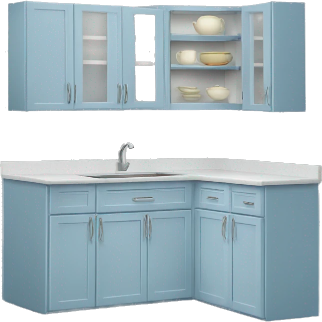 Realistic front facing powder blue kitchen  hanging cabinets. emoji