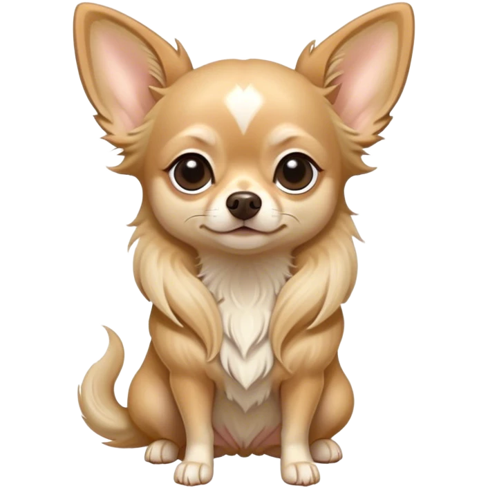 Cinematic Noble Long Haired Fawn Chihuahua Portrait Emoji, Poised and regal, with a delicate, refined build and a flowing, well-groomed long fawn coat, deep-set soulful dark eyes, Simplified yet sharp and sophisticated features, highly detailed, glowing with a soft, dignified glow, high shine, intelligent and loyal, stylized with an air of elegance, focused and attentive, soft glowing outline, capturing the essence of a watchful and confident guardian, so majestic it feels as though it could step out of the screen with effortless authority! emoji