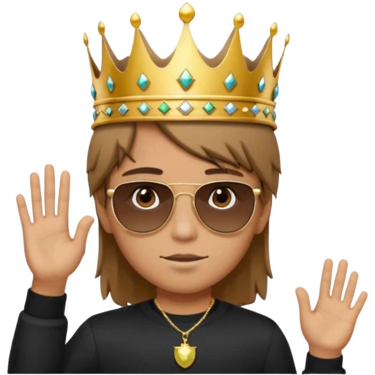 Un niño con cabello lacio no muy largo color marrón castaño,ojos marrones,piel no muy blanca, que tenga lentes de sol color negro,reloj en la mano derecha y una corona como sombrero emoji