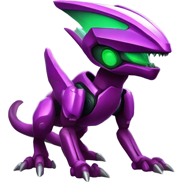 a shiny purple-green-red Genesect-Raptor-Fakémon—hybrid with a futuristic visor-helmet full body emoji