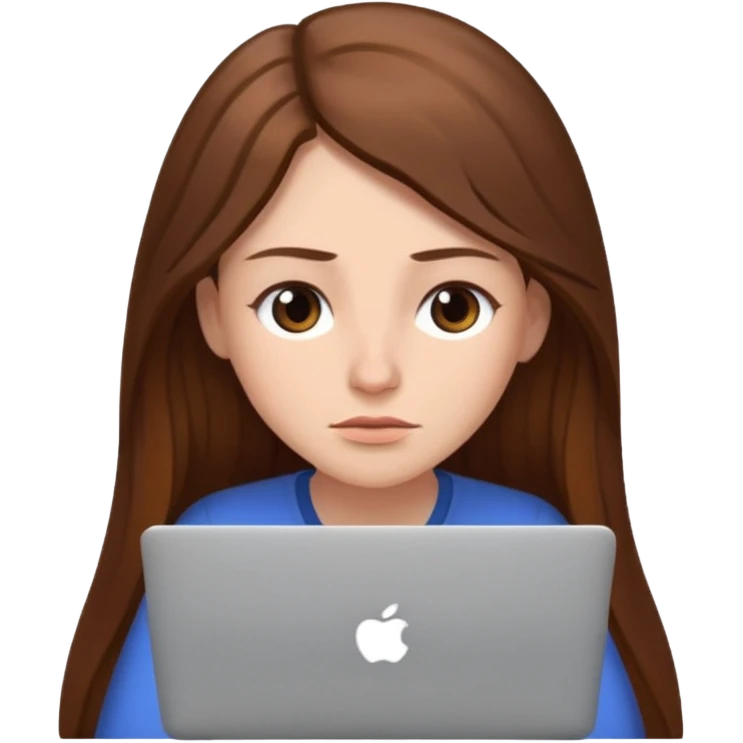 create a woman long hair brown, sitting with her macbook looking tired emoji