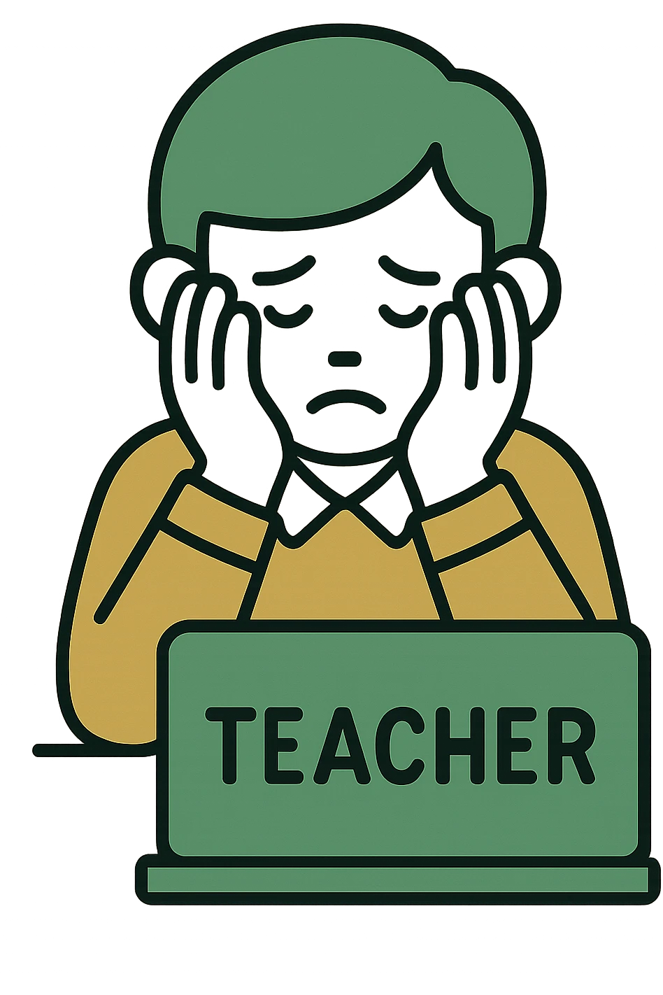 teacher with head in hands, burnt out, minimalistic, green gold and white color scheme, clean lines emoji