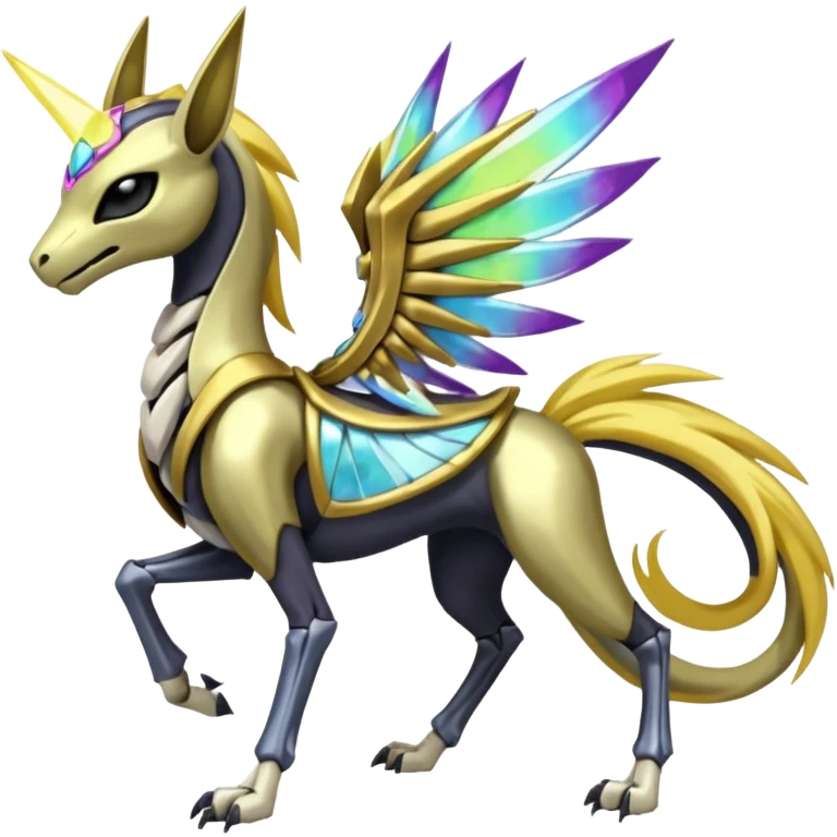 Colorful Skeletal masked armored Meloetta-Manectric-Solgaleo-Raikou-Pokémon-Digimon-Fakémon-fusion-hybrid-creature, full body emoji