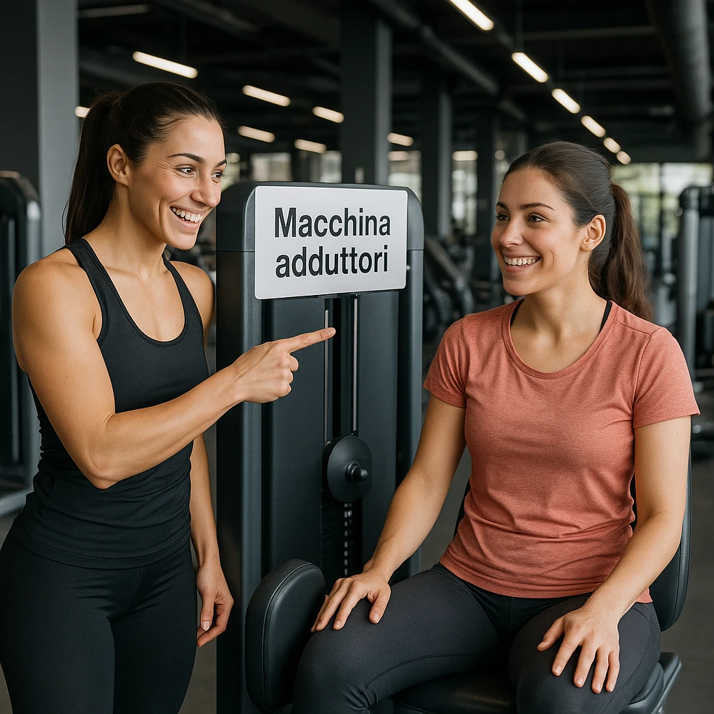 realistic scene of a female personal trainer pointing to the adductor machine to a female client, both in sportswear, motivated expressions, Italian sign 'Adductor machine' clearly visible, guiding atmosphere, detailed, modern gym background, 4K quality emoji