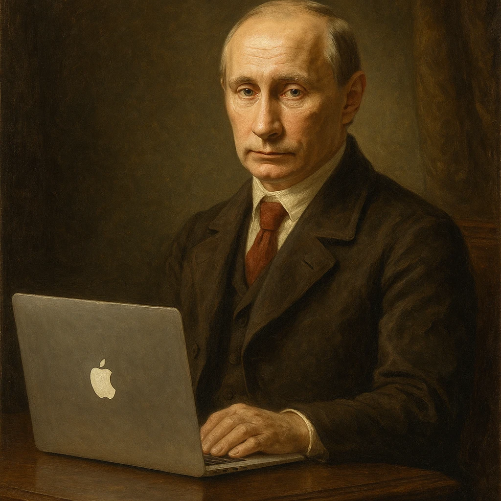 Historical leader portrait-style Vladimir Putin with a MacBook on a desk emoji