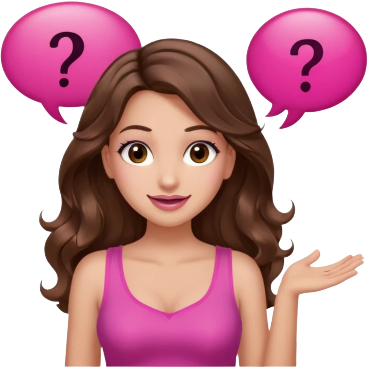 girl with long wavy brown hair, brown eyes, long lashes makeup, sexy pink lips, light to medium complexion, wearing a pink sexy top, shugging, smiling, question mark one speech bubble emoji