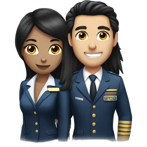 Flight attendant with long black hair and white skin with a pilot man with black hair emoji