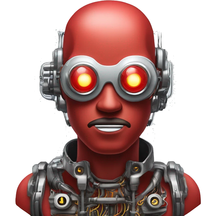 Red round male cyborg head with silver goggles, silver goatee and circuits emoji