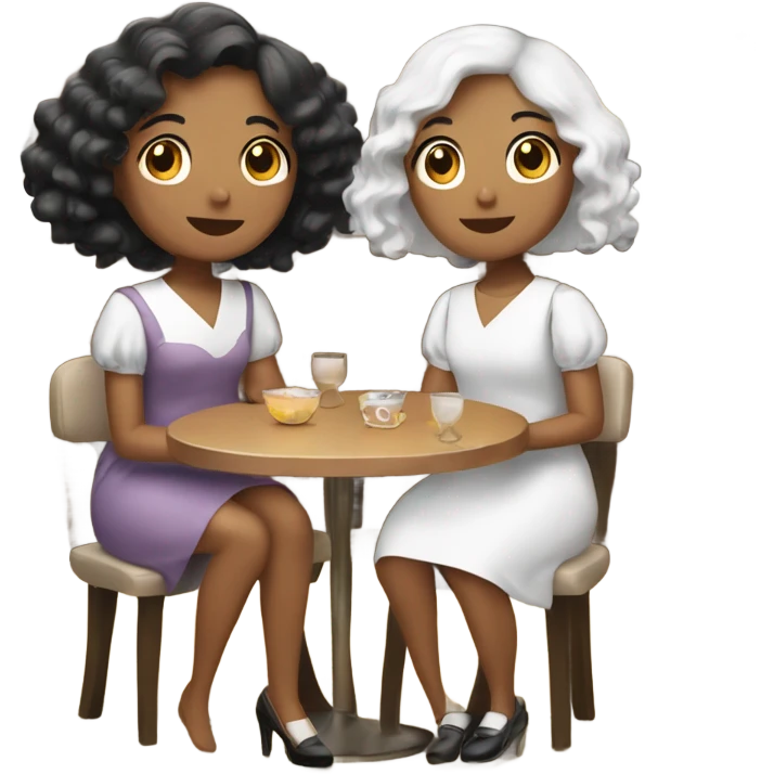 Three girls in New Year's dresses. The first one with black hair. The second one has white hair. The third one has brown hair. They're sitting in a restaurant. emoji