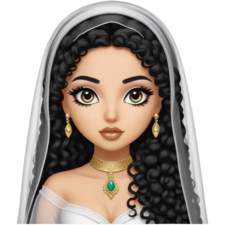 Saudi beauty, pretty bratz baddie, black eyeliner, long black curly hair, veil, khaliji fashion, light skin emoji