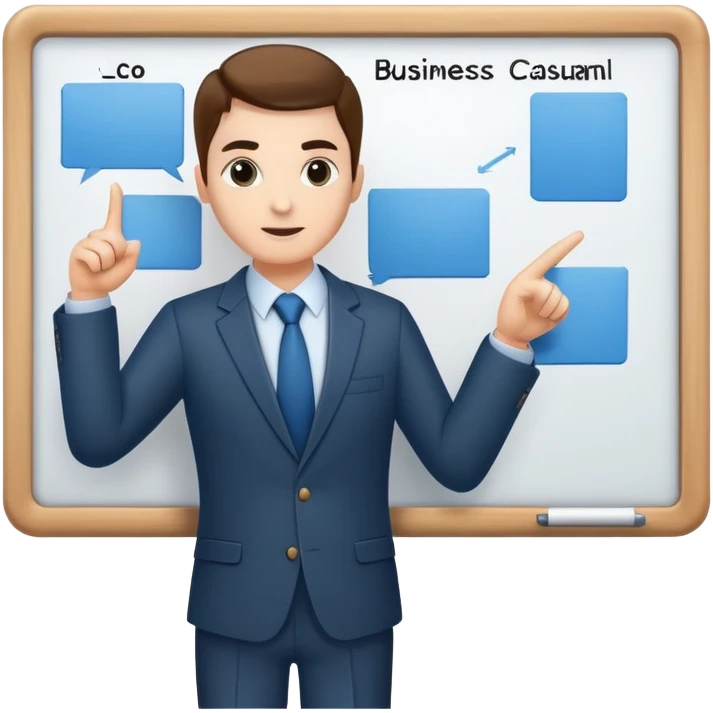 professional figure pointing at a task board or flowchart. The character wears business casual clothing emoji