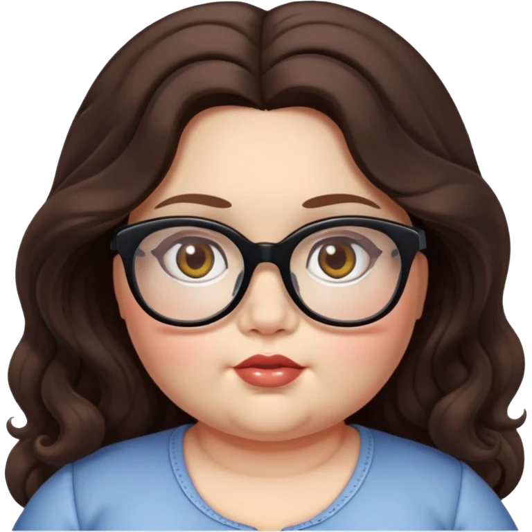  woman, long dark brown wavy hair, very light fair skin, hazel eyes, glasses, very chubby, doll style, very chubby emoji