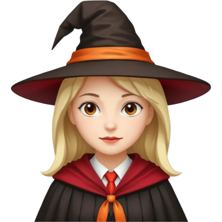 A younger woman with a witch's hat, red tie and robes (classic student or young witch look). emoji