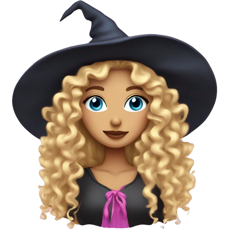 Blonde curly hair Blue eyed woman who is witch hat on and pink hearts  emoji