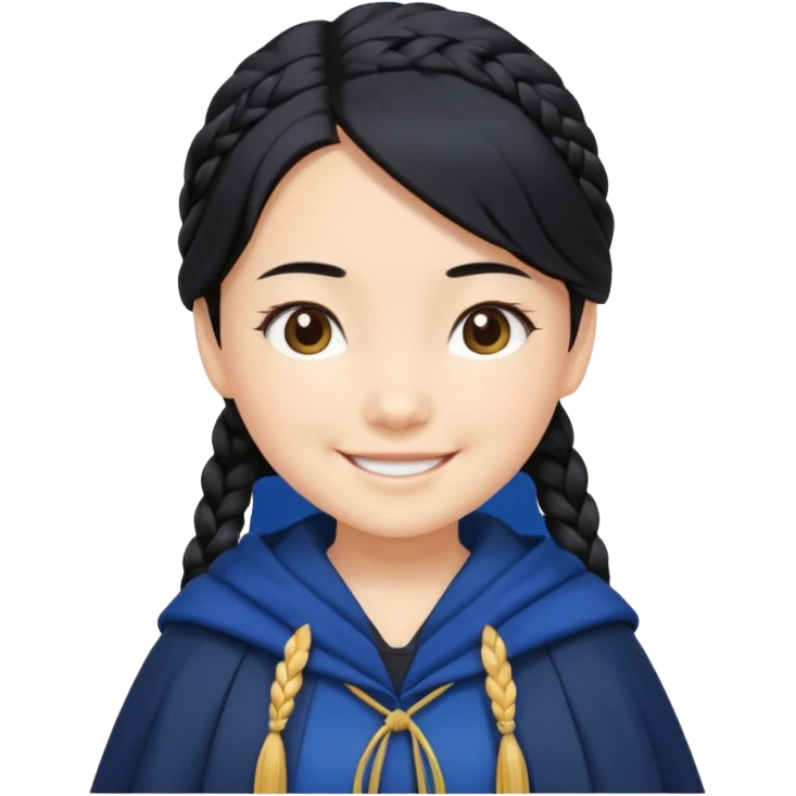 braid black hair, white asian girl, dark blue cloak, happy smaile emoji