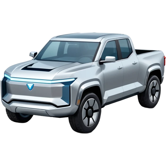A futuristic electric pickup truck emoji, silver chrome body, angular cyber design, smooth metallic panels, subtle reflections, minimalistic proportions, iOS emoji style, centered composition, clean white background, soft lighting emoji