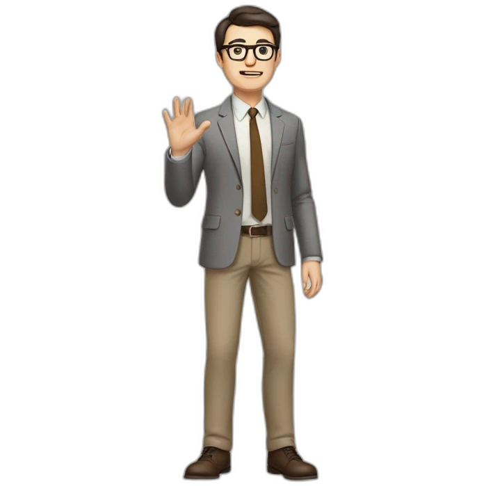 Full height Actively gesturing with hands Pale skinned fit man with dark brown hair in gray jacket, beige office shirt, brown tie, brown pants and vintage glasses. emoji
