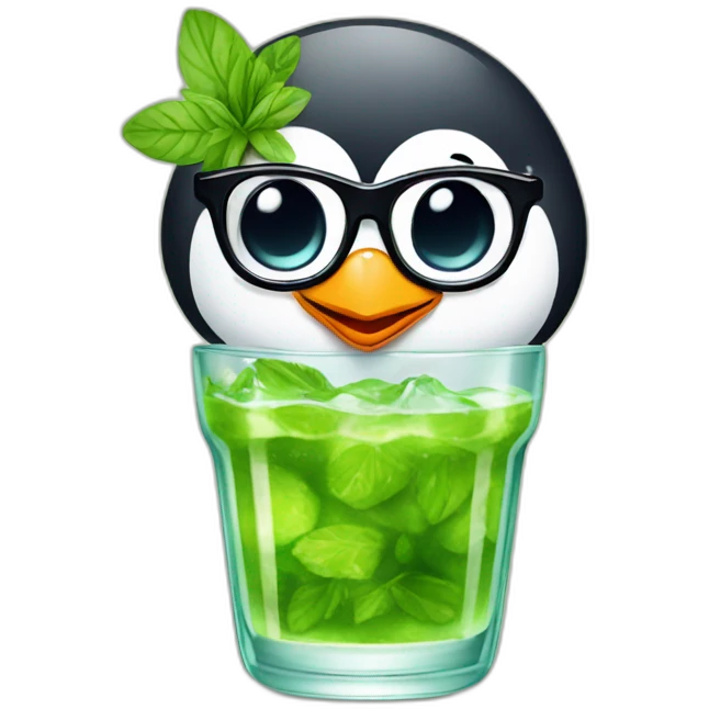 baby penguin with big glasses drinking mojito emoji
